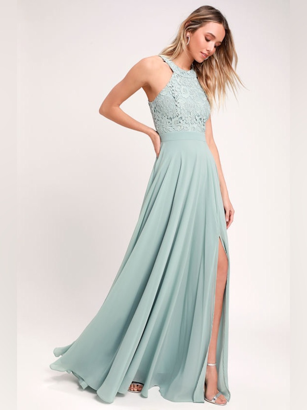 NWT Lulu's Sage Green Lace Halter Maxi Dress - Picture 3 of 14